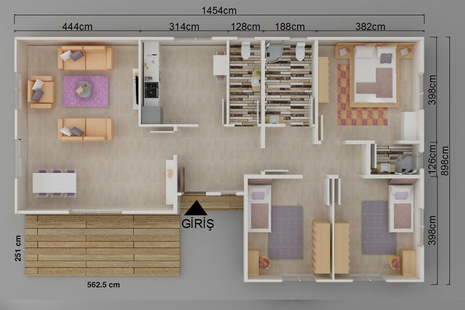 123 m² 3+1 Tek Kat Prefabrik Ev görsel 3