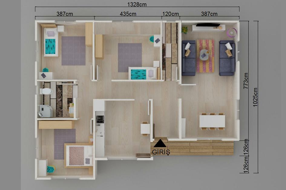 124 m² 3+1 Tek Kat Prefabrik Ev görsel 3